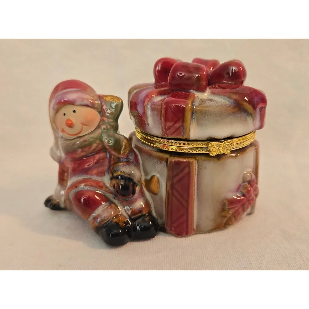 1983 Kirklands Snowman Glazed Ceramic Trinket Box New Vintage